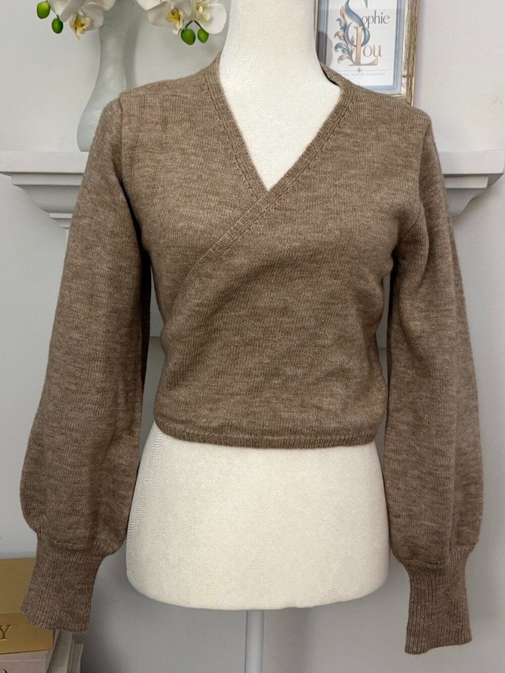 SHEIN Taupe Brown Wrap Sweater Tie Back Balloon Sleeve S